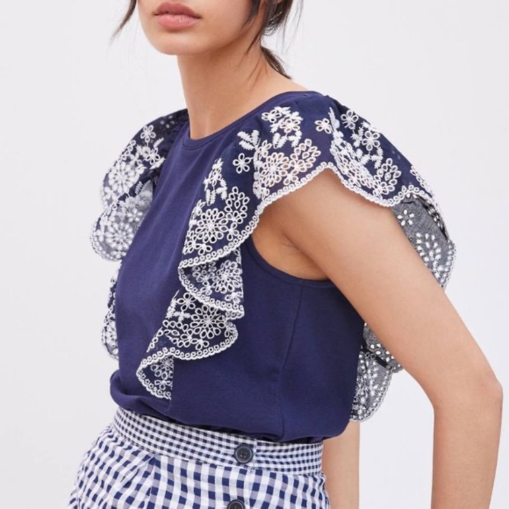 New Anthropologie Maeve Ruffled Eyelet Blue White Embroidered Top Blouse S